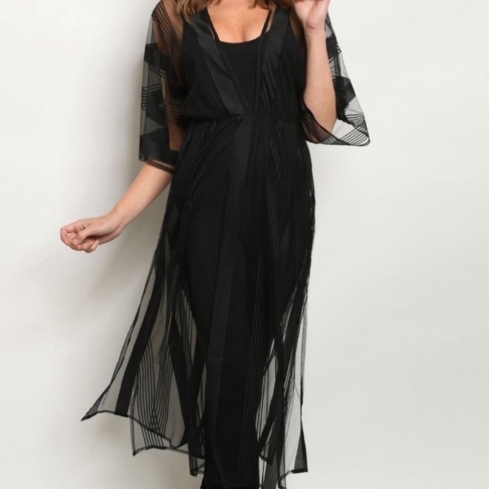 NWT FORE Sheer Black Striped V-Neck Cinched Waist Maxi Blouse